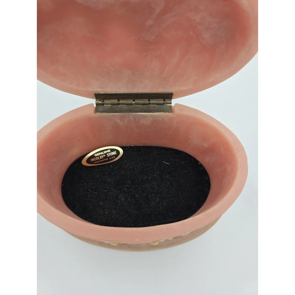 Vintage Incolay Stone Pink Box Victorian Scene Handcrafted USA Jewelry Floral